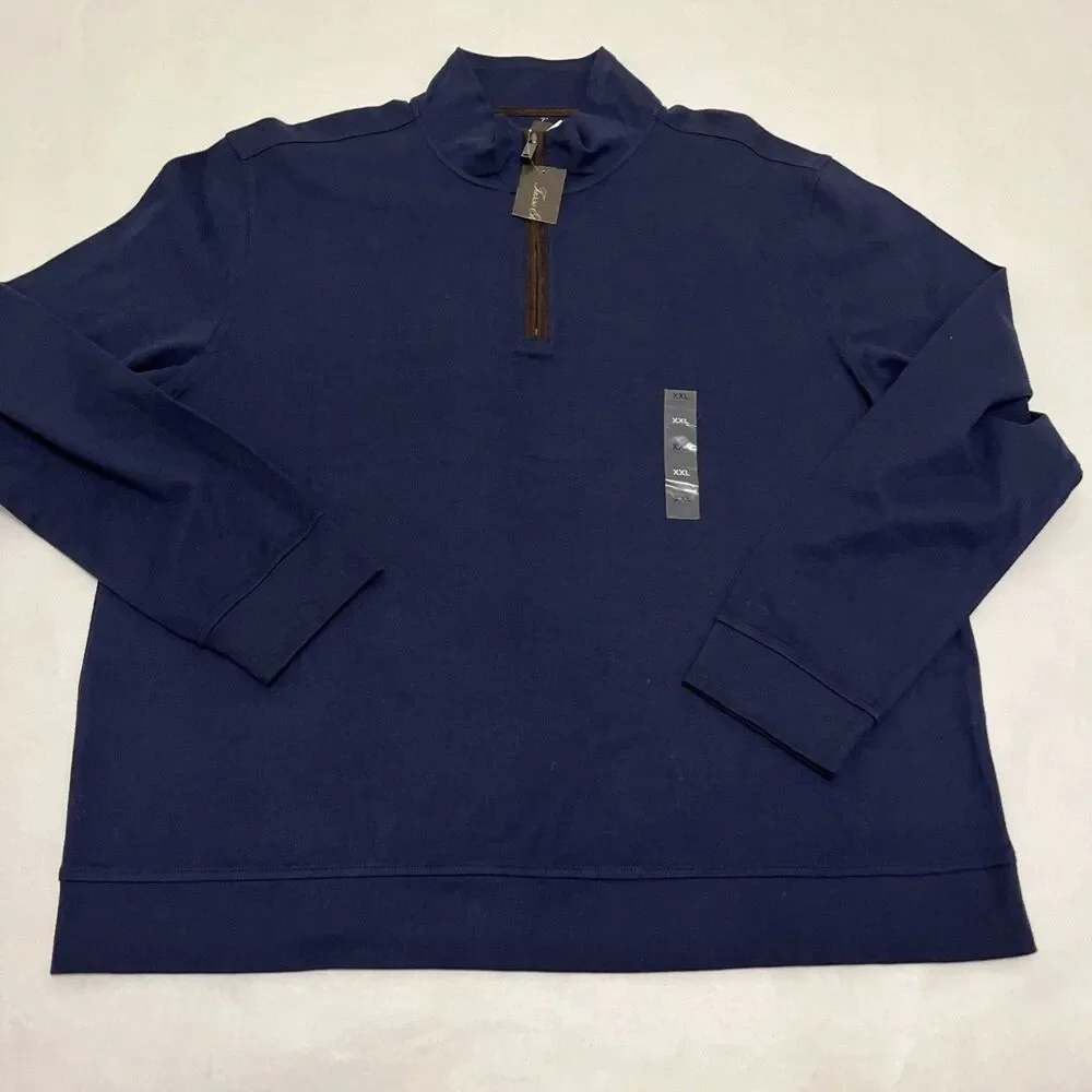 TASSO ELBA Men's 1/4 Zip Pullover Sweater Cotton Faux Suede Navy Blue Size 2XL